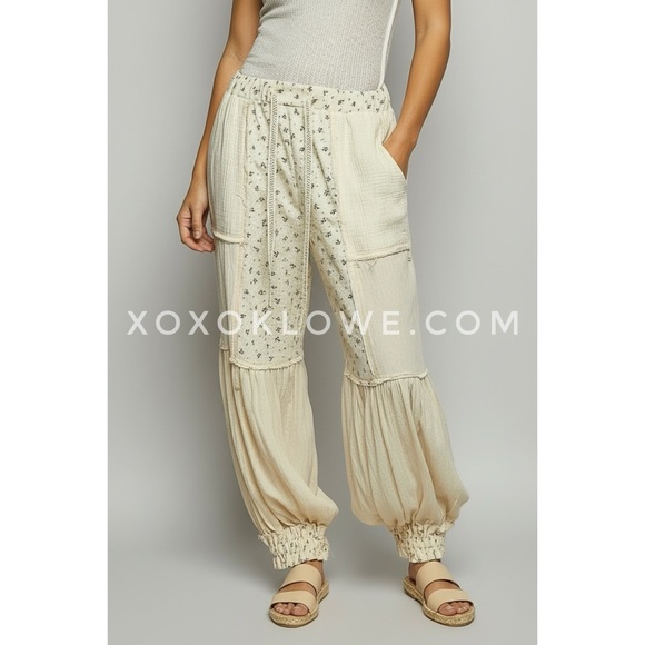 POL Natural Cream Convertible Joggers to Bloomers | Floral Patchwork Pants - Picture 3 of 10